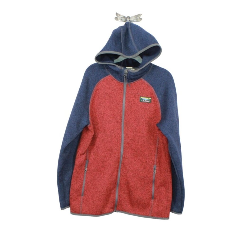 LL Bean Sweater Fleece Hooded Colorblock Blue Red Size L 14-16